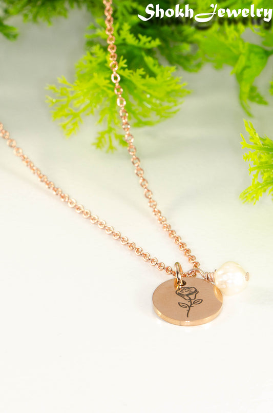 Rose Gold Plated June Birth Flower Necklace with Freshwater Pearl Pendant.