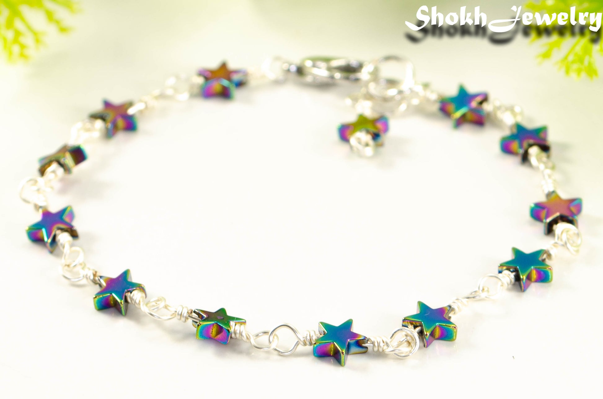 Close up of Small Rainbow Hematite Star Link Bracelet.