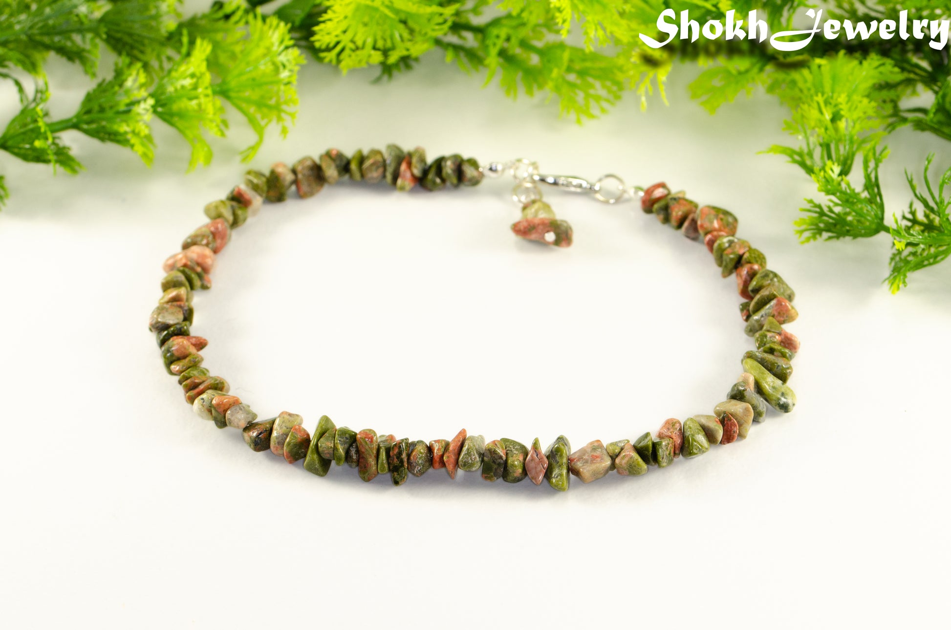 Natural Unakite Crystal Chip Anklet.