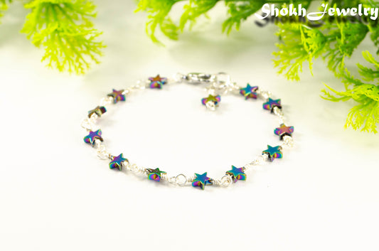 Small Rainbow Hematite Star Link Anklet for women.