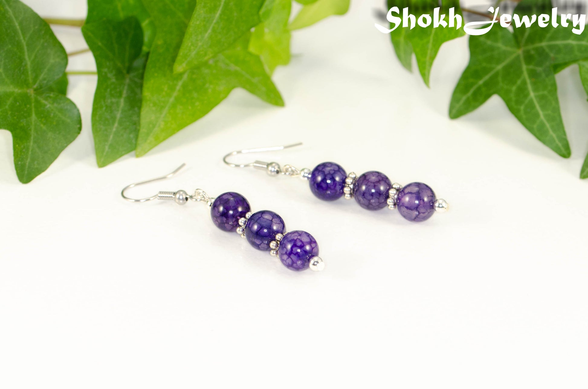 Natural Purple Dragon Vein Agate Beaded Bar Earrings.