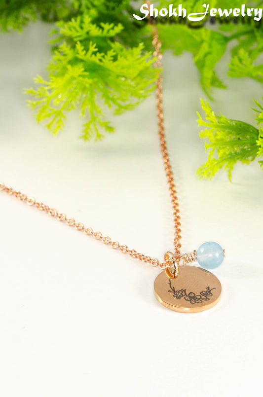 Rose Gold Plated March Birth Flower Necklace with Aquamarine Birthstone Pendant.