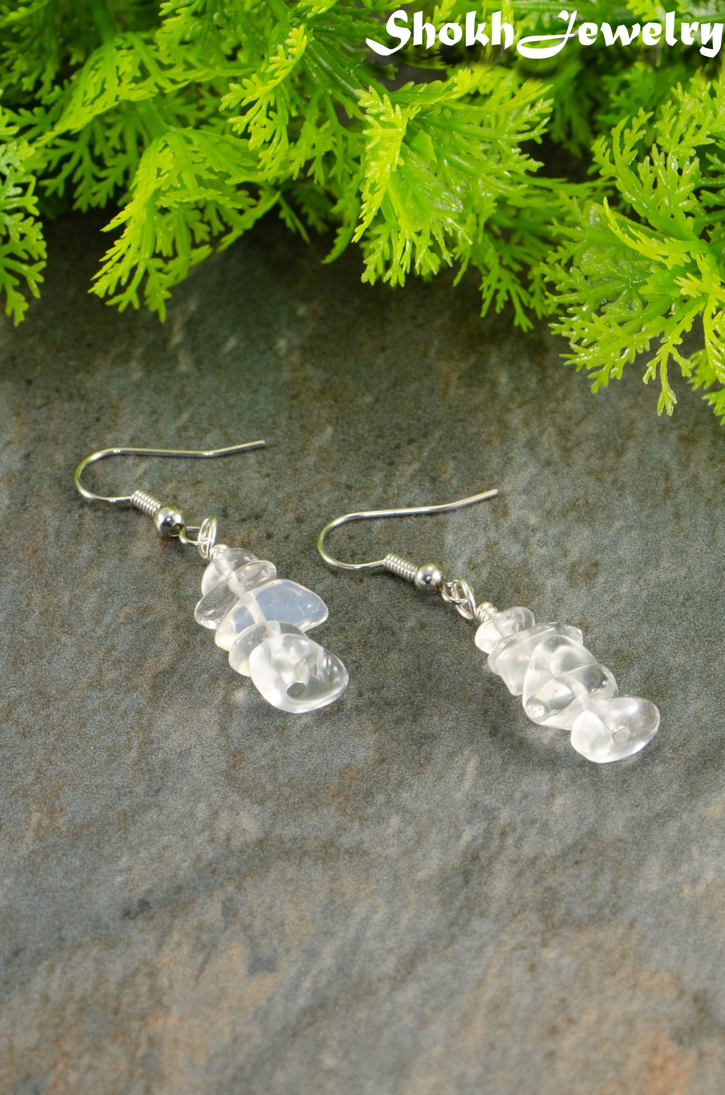 Close up of Simple White Opal Crystal Chip Earrings.
