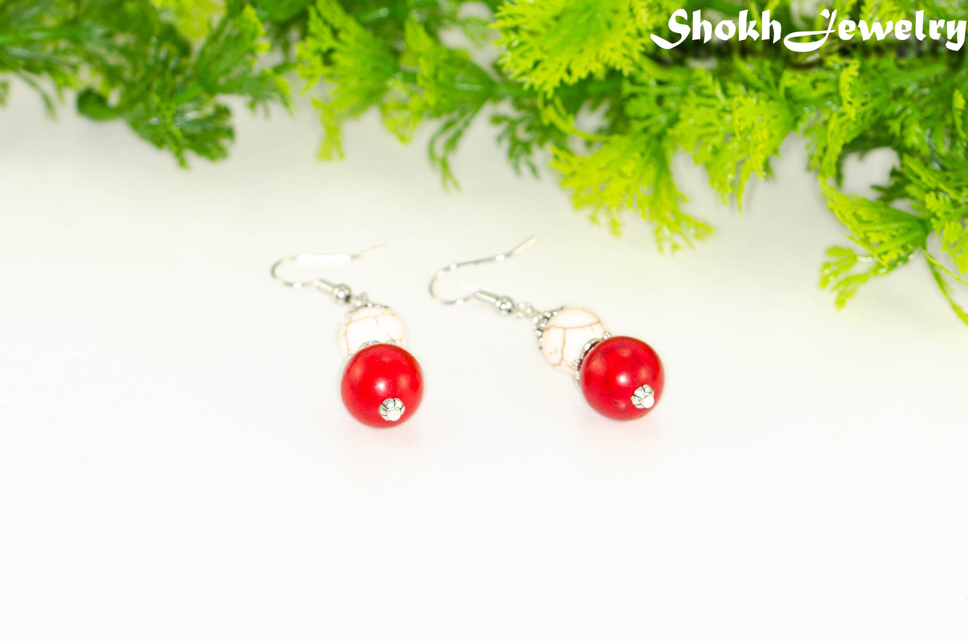 Red and White Howlite Dangle Earrings.