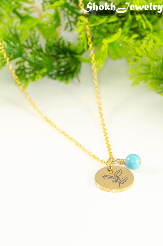 Gold Plated December Birth Flower Necklace with Turquoise Howlite Birthstone Pendant