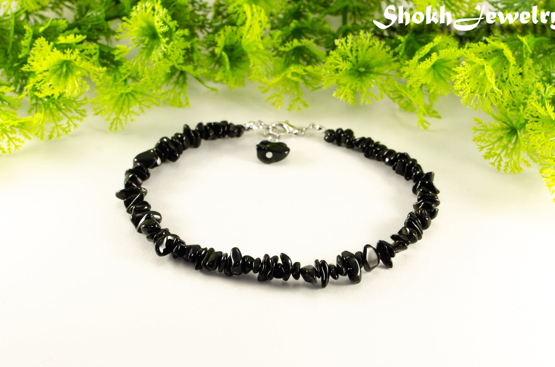 Natural Black Obsidian Crystal Chip Anklet with clasp.