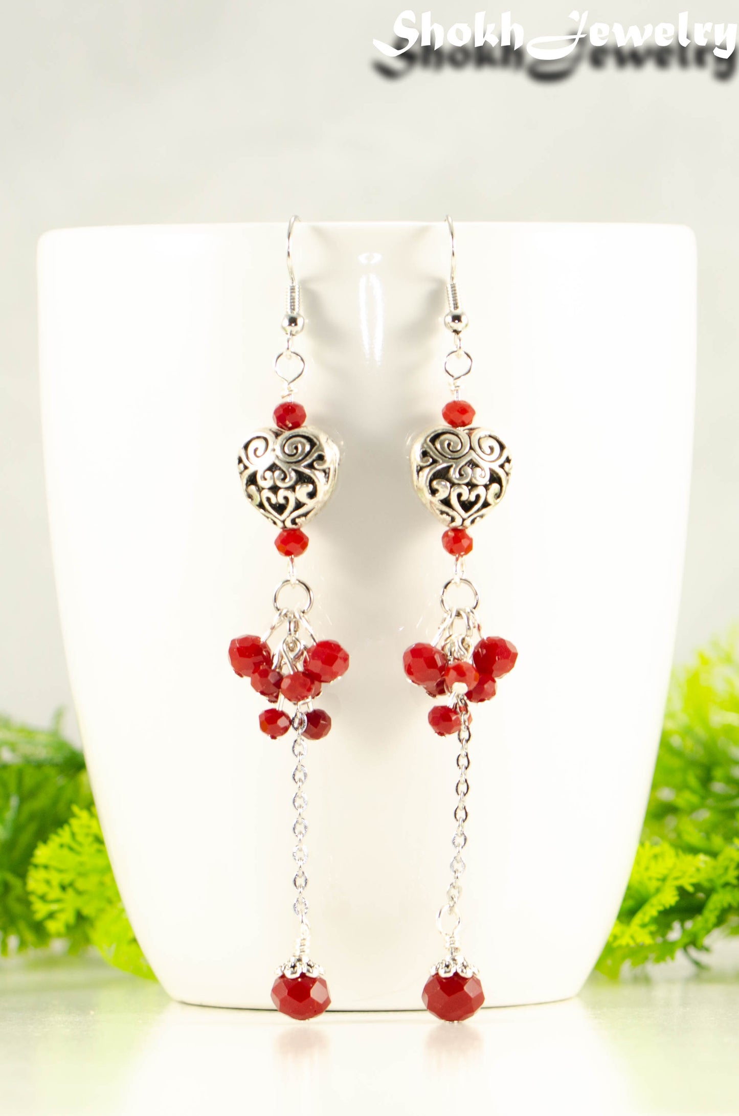 Statement Tibetan Silver Heart and Red Beaded Cluster Earrings.