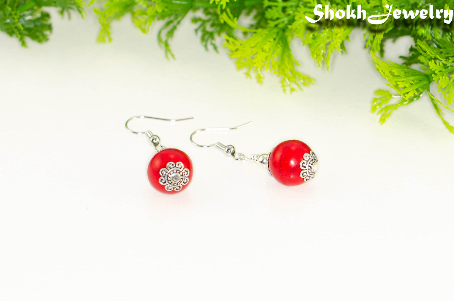 12mm Red Howlite Dangle Earrings