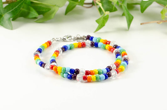 Clear Glass Crystal and Rainbow Seed Bead Anklet.