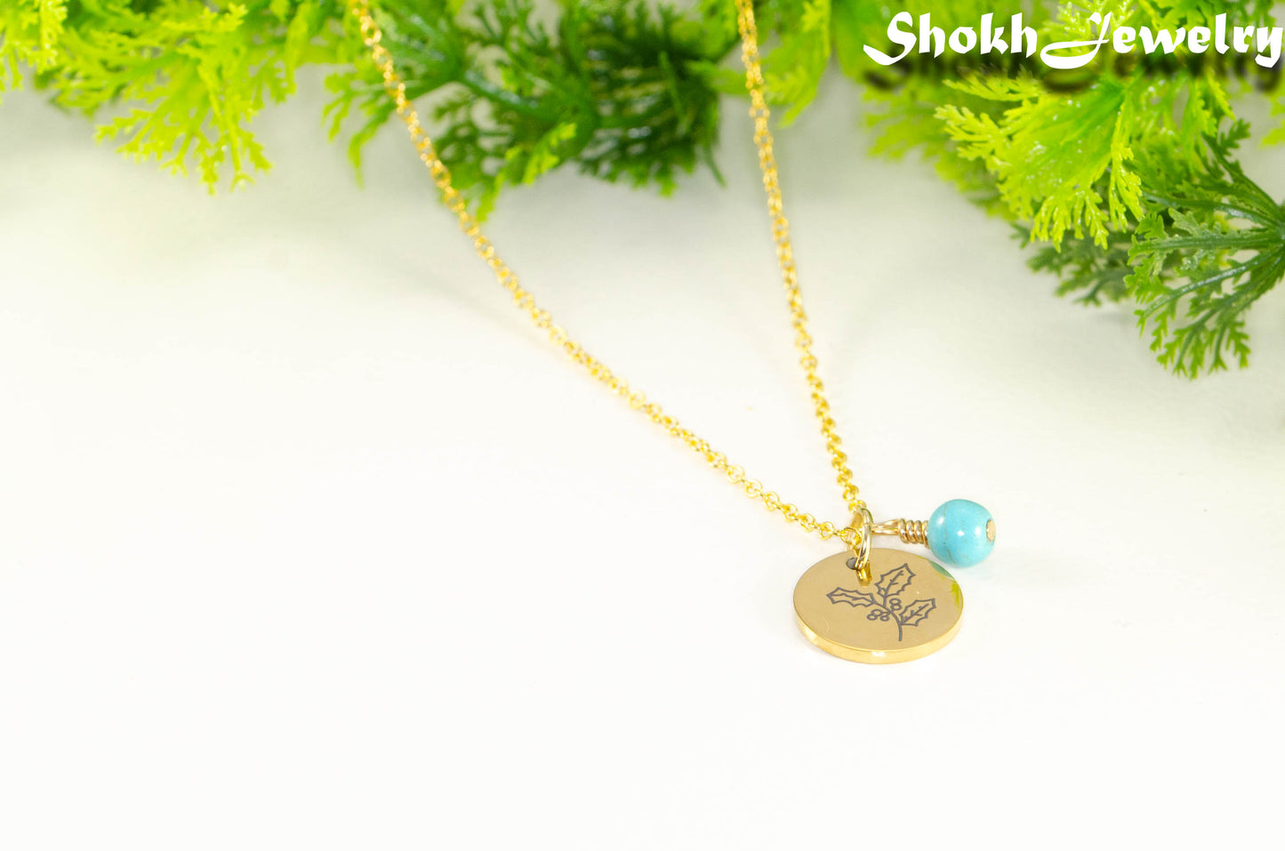Gold Plated December Birth Flower Necklace with Turquoise Howlite Birthstone Pendant.