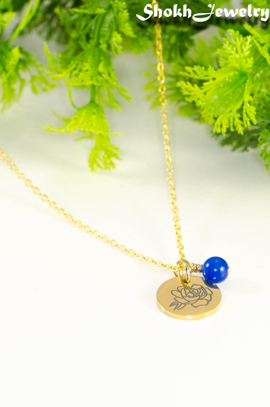 Gold Plated September Birth Flower Necklace with Sapphire Birthstone Pendant.