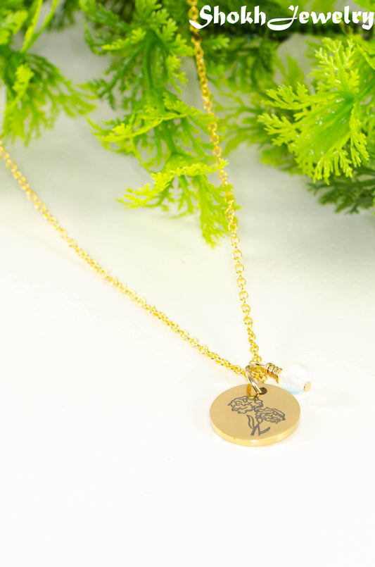 Gold Plated October Birth Flower Necklace with White Opal Birthstone Pendant.