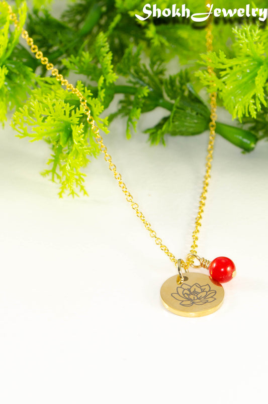Gold Plated July Birth Flower Necklace with Red Ruby Birthstone Pendant.