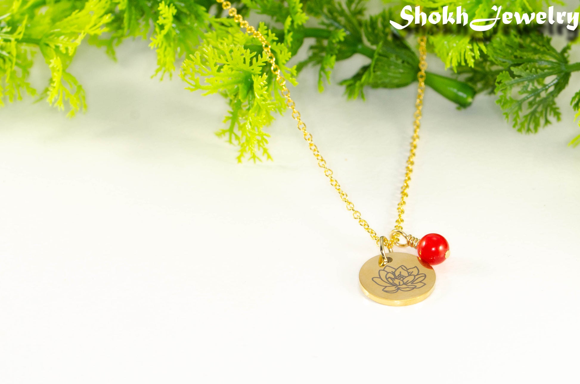 Gold Plated July Birth Flower Necklace with Red Ruby Birthstone Pendant.