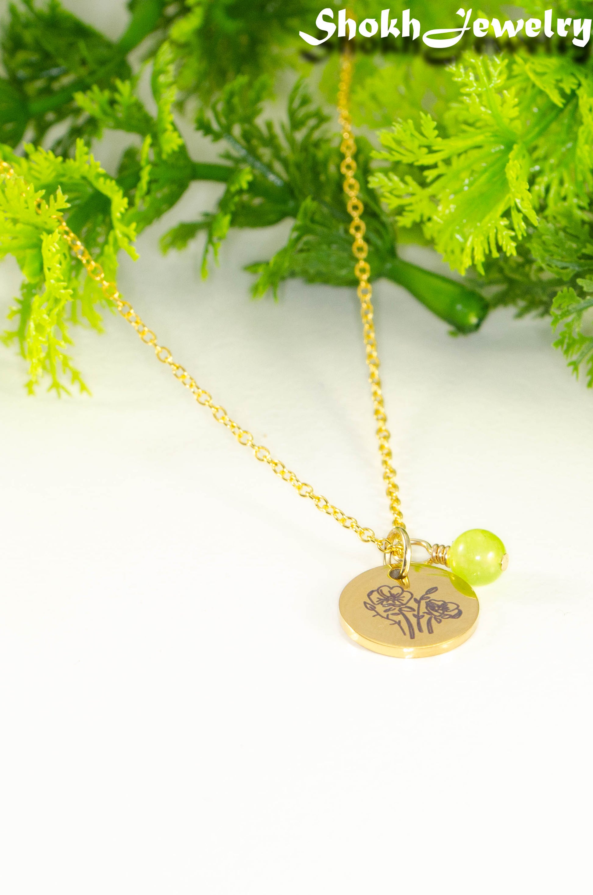 Gold Plated August Birth Flower Necklace with Peridot Birthstone Pendant.