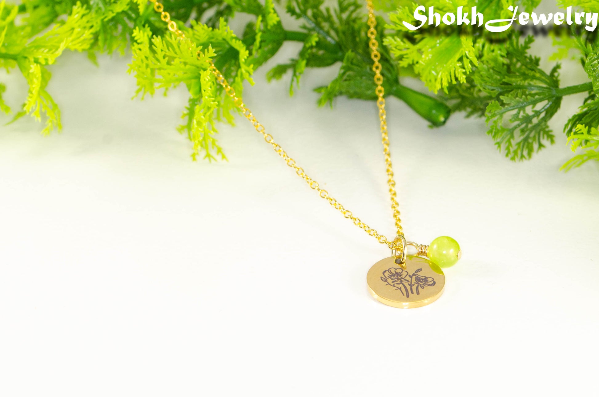 Gold Plated August Birth Flower Necklace with Peridot Birthstone Pendant.