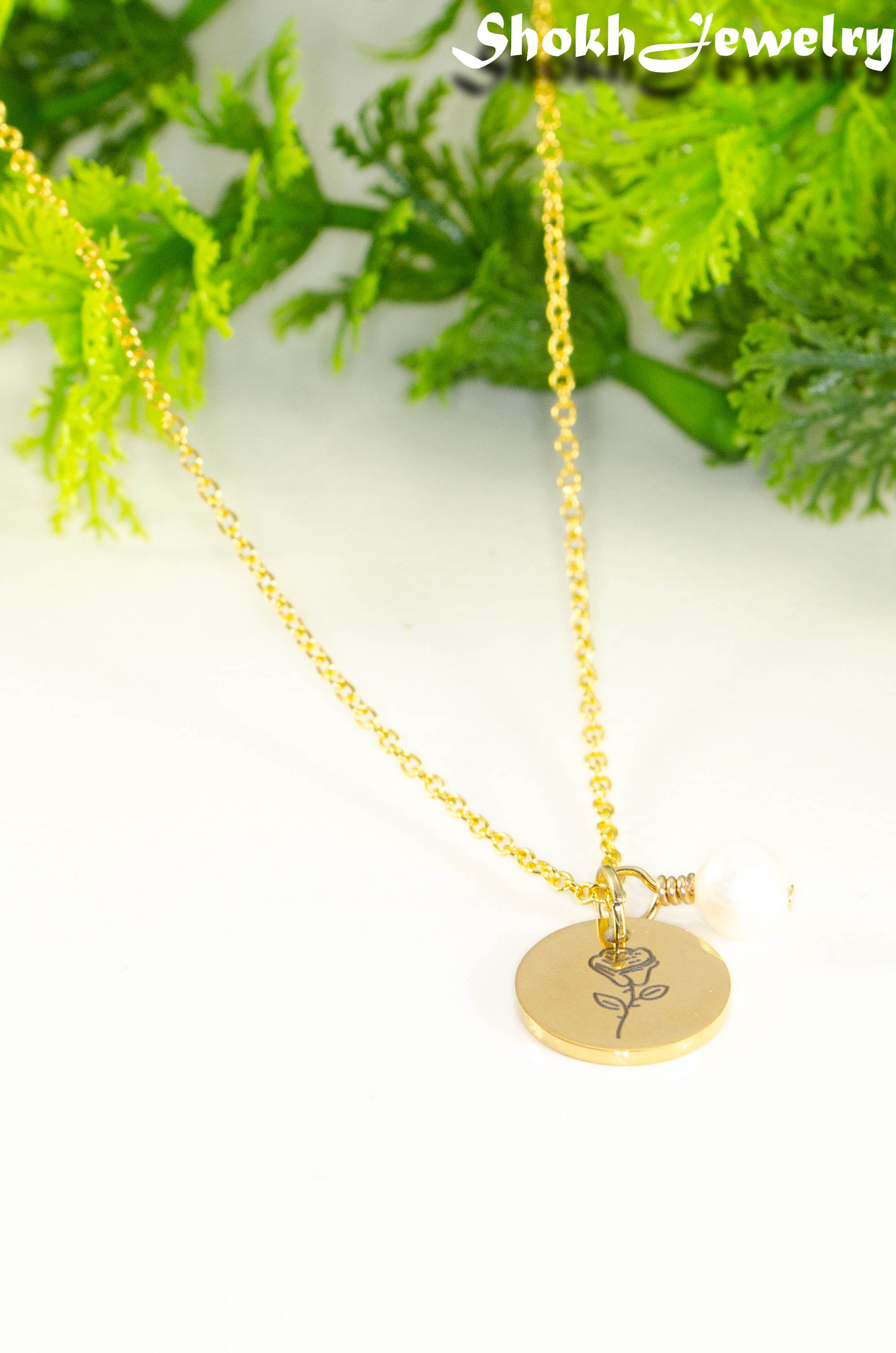 Gold Plated June Birth Flower Necklace with Freshwater Pearl Pendant.