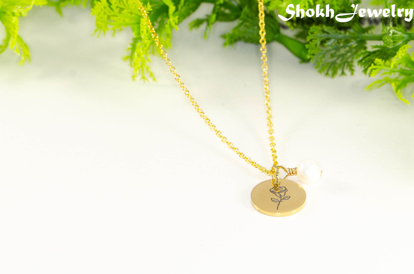 Gold Plated June Birth Flower Necklace with Freshwater Pearl Pendant.