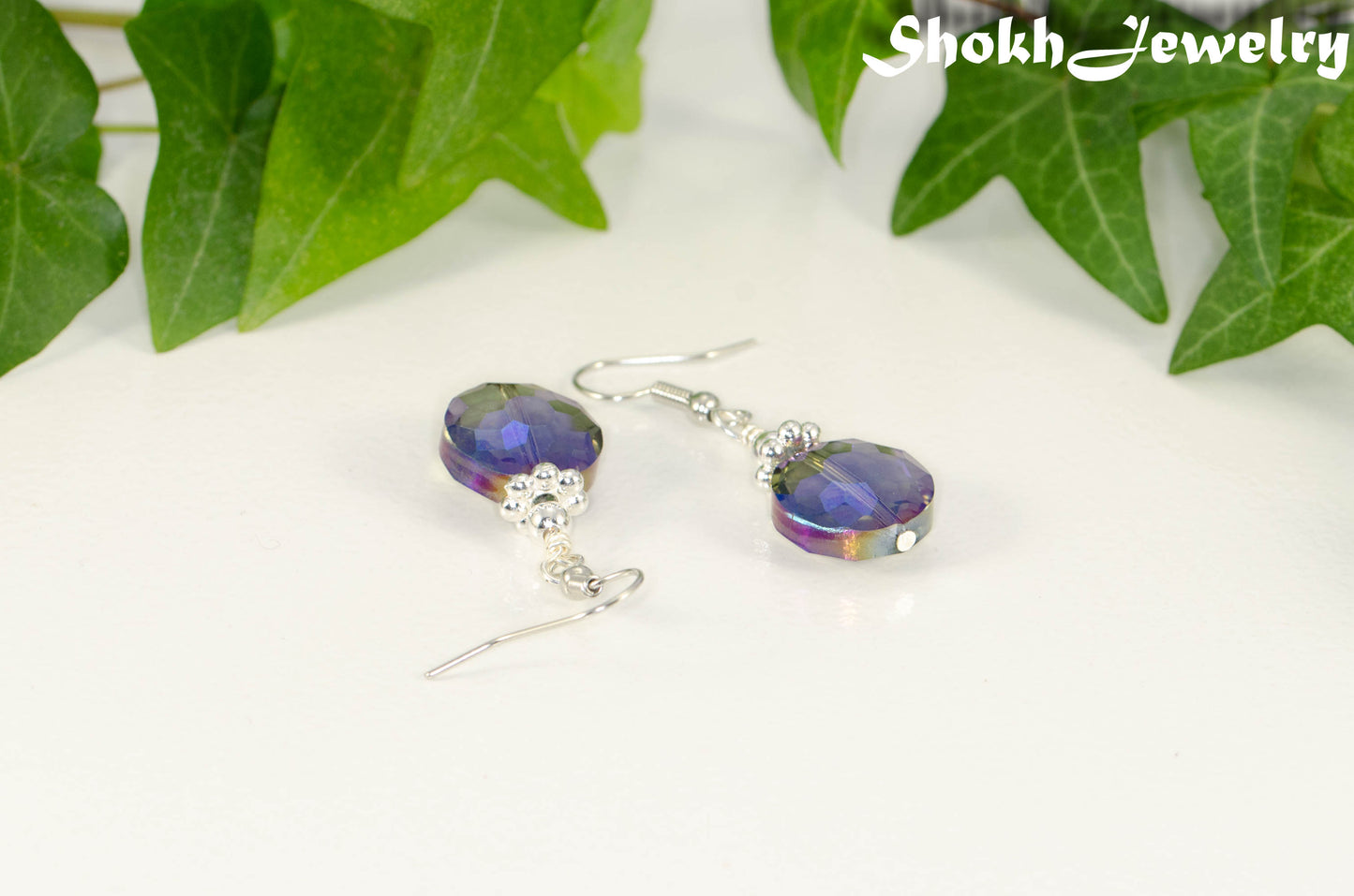 Iridescent Blue Glass Crystal Beads Earrings.