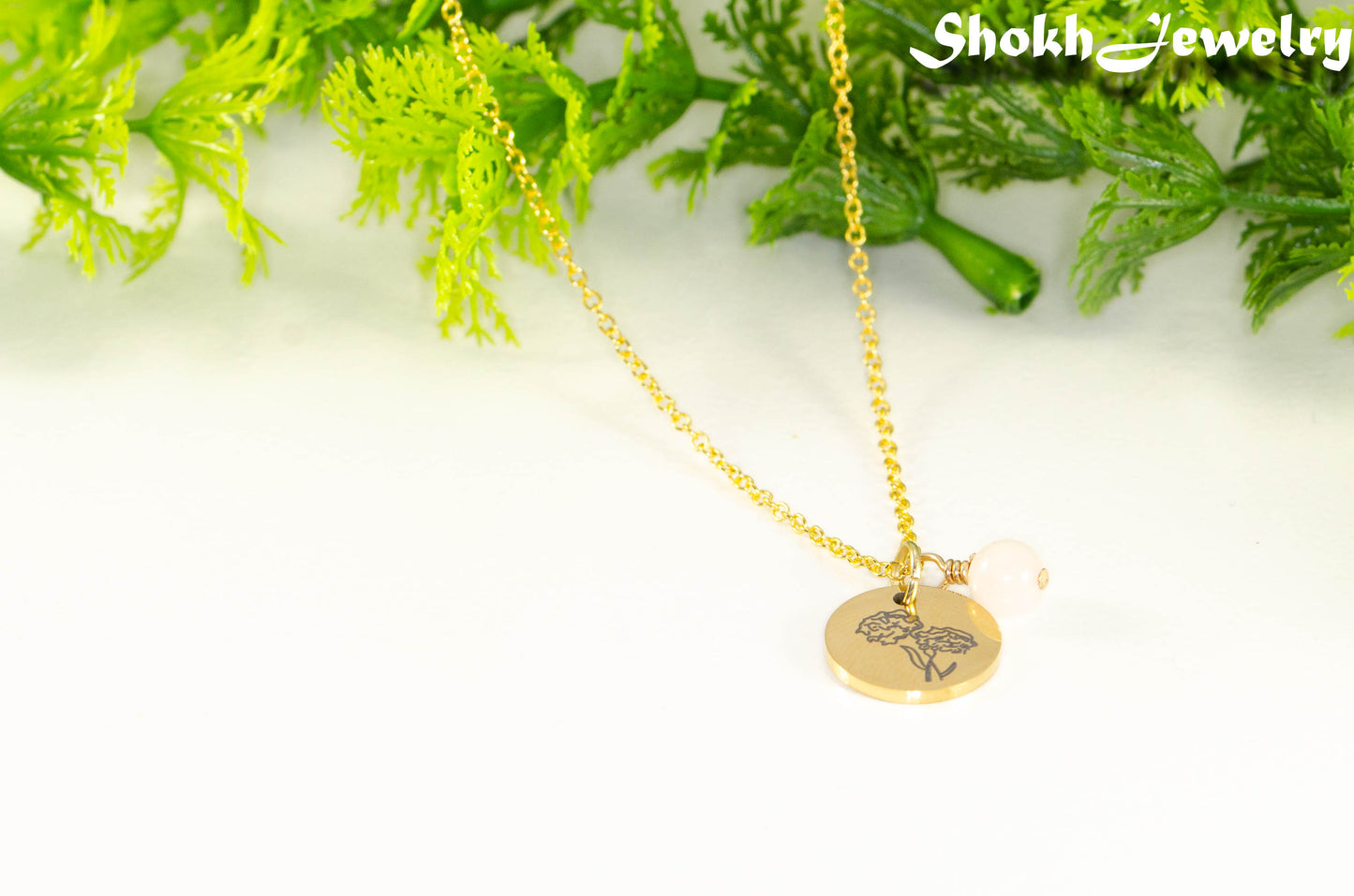 Gold Plated October Birth Flower Necklace with Rose Quartz Birthstone Pendant.