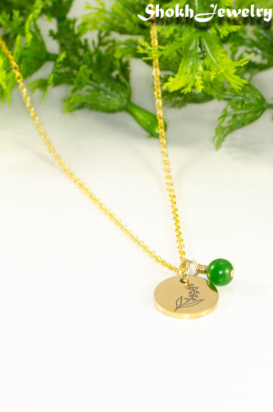 Gold Plated May Birth Flower Necklace with Emerald Birthstone Pendant.