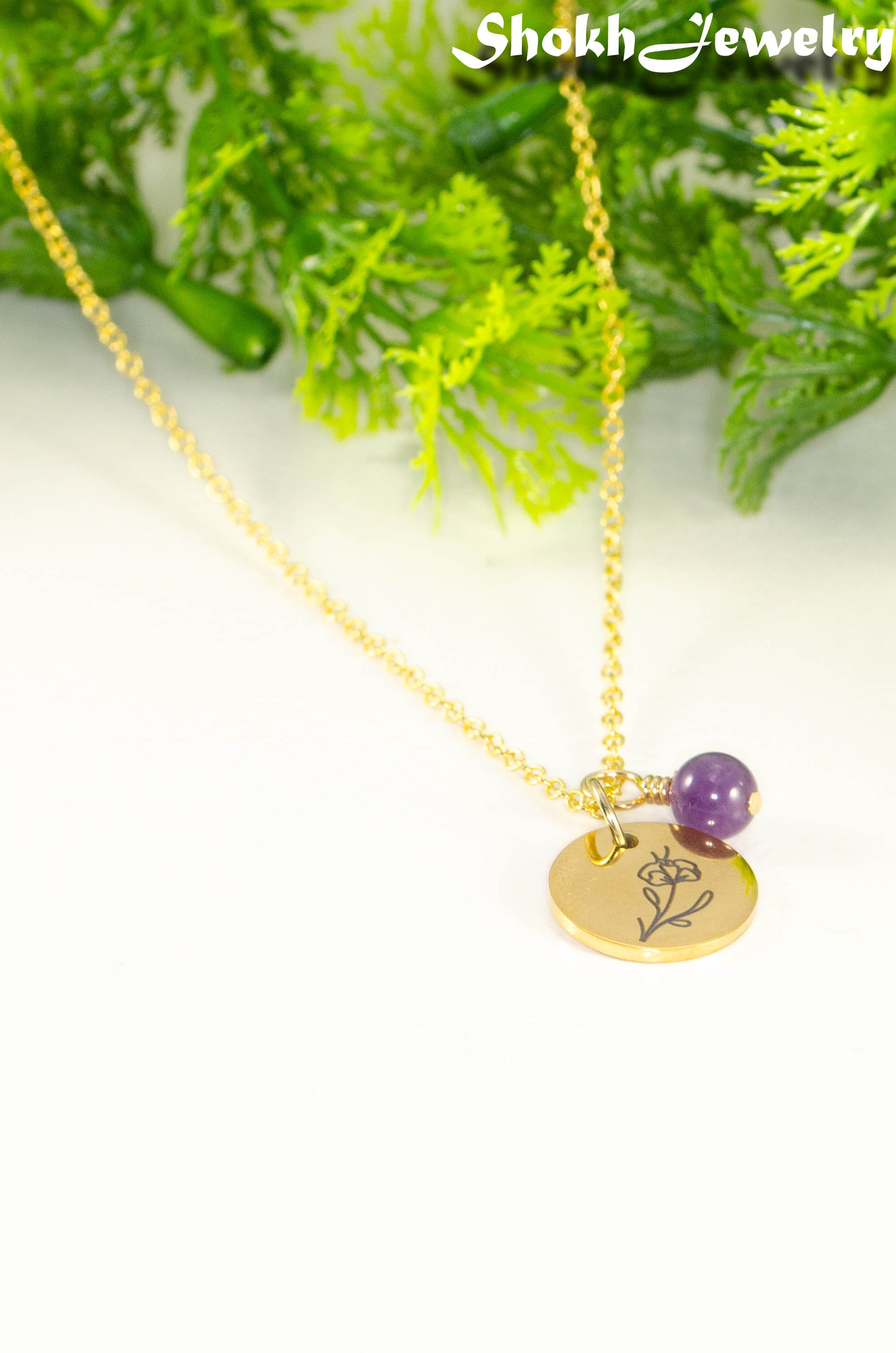 Gold Plated February Birth Flower Necklace with Amethyst Birthstone Pendant.