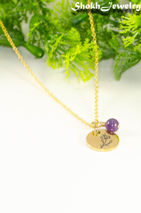 Gold Plated February Birth Flower Necklace with Amethyst Birthstone Pendant.