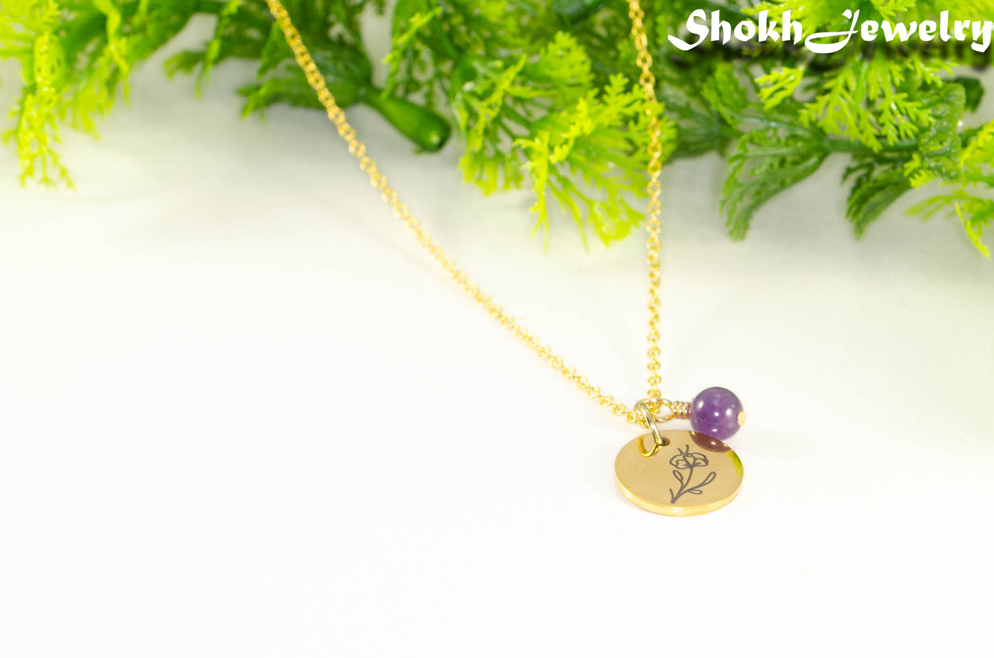 Gold Plated February Birth Flower Necklace with Amethyst Birthstone Pendant