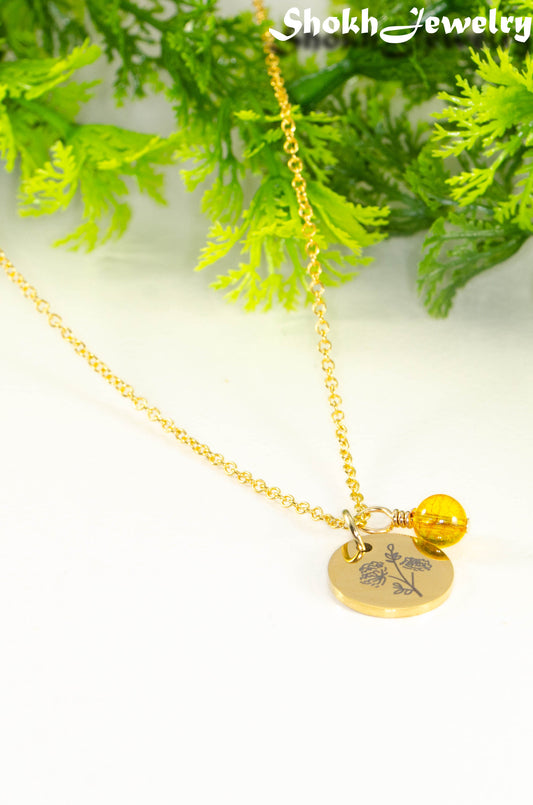 Gold Plated November Birth Flower Necklace with Citrine Birthstone Pendant.