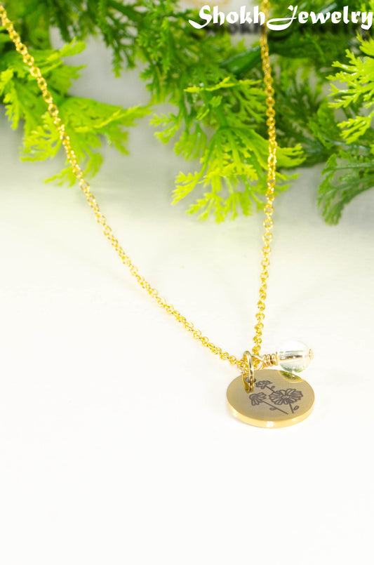 Gold Plated April Birth Flower Necklace with Clear Quartz Birthstone Pendant.