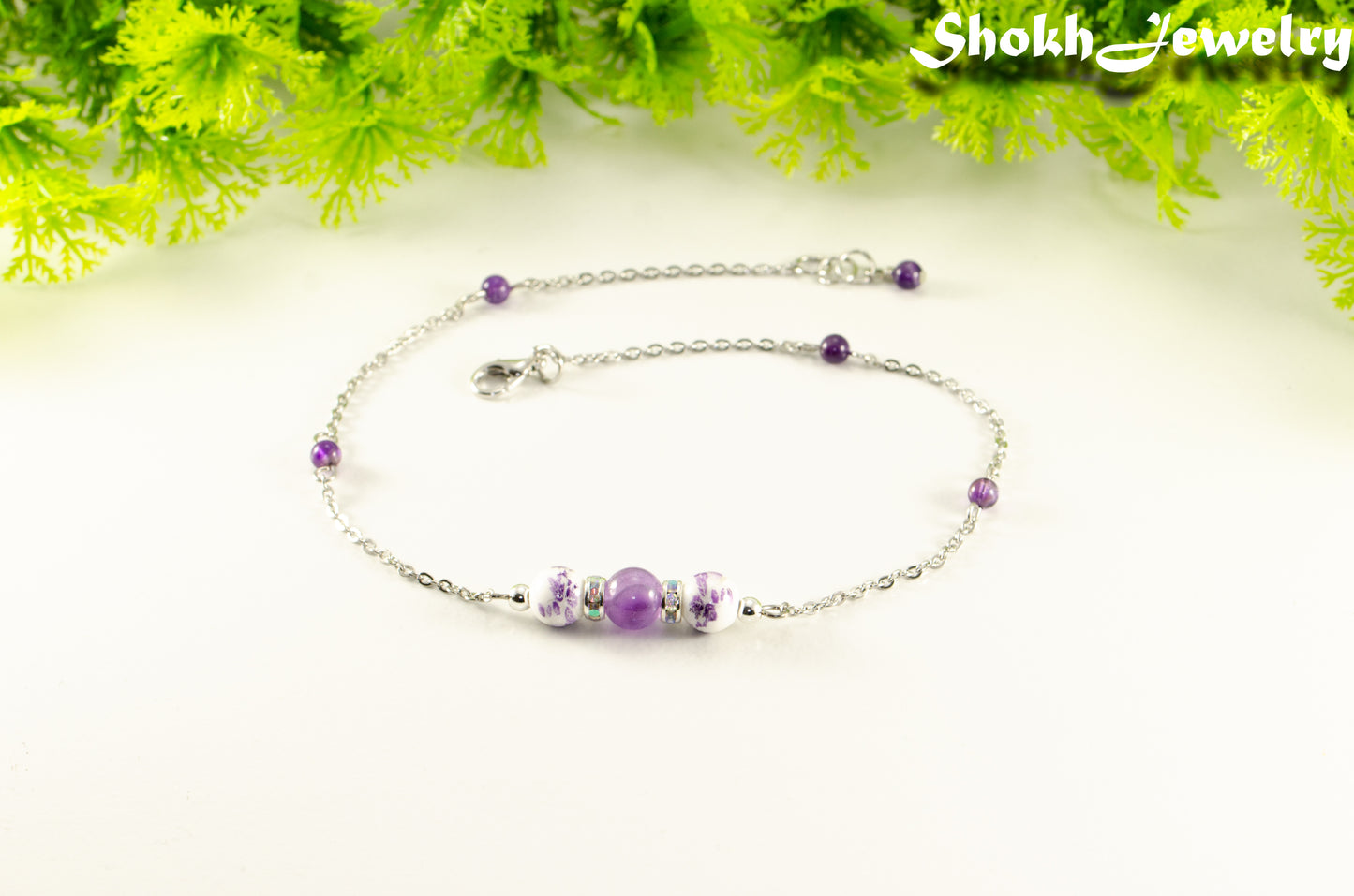 Natural Amethyst and Floral Ceramic Beads Choker Necklace