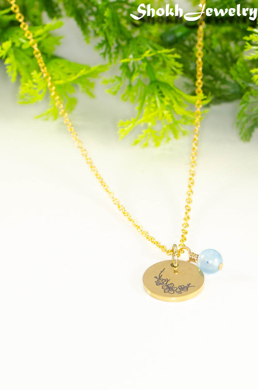 Gold Plated March Birth Flower Necklace with Aquamarine Birthstone Pendant.