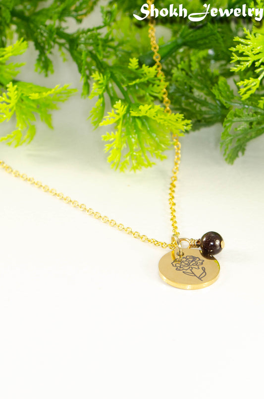 Gold Plated January Birth Flower Necklace with Garnet Birthstone Pendant.