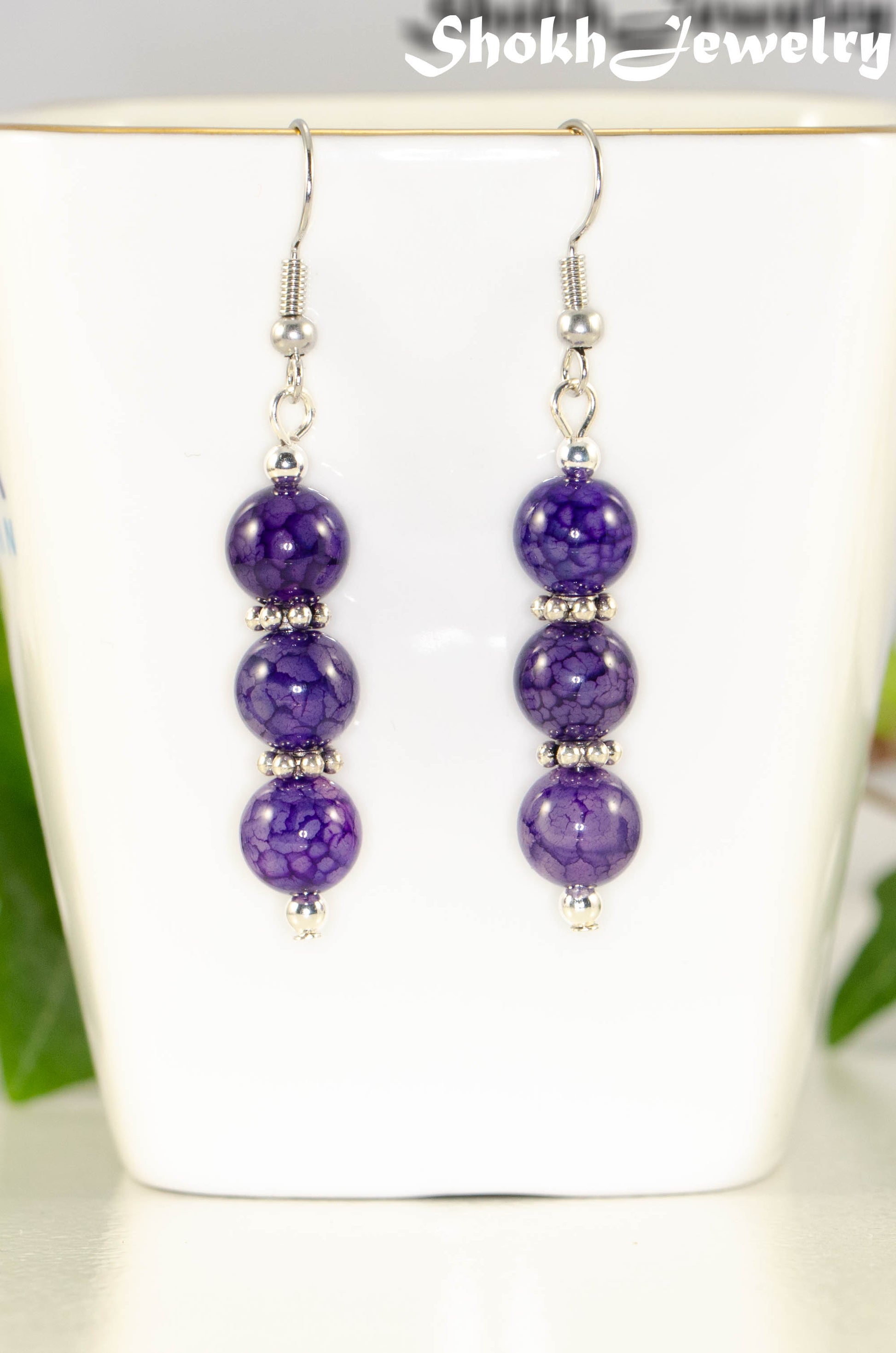 Natural Purple Agate Beaded Bar Earrings.