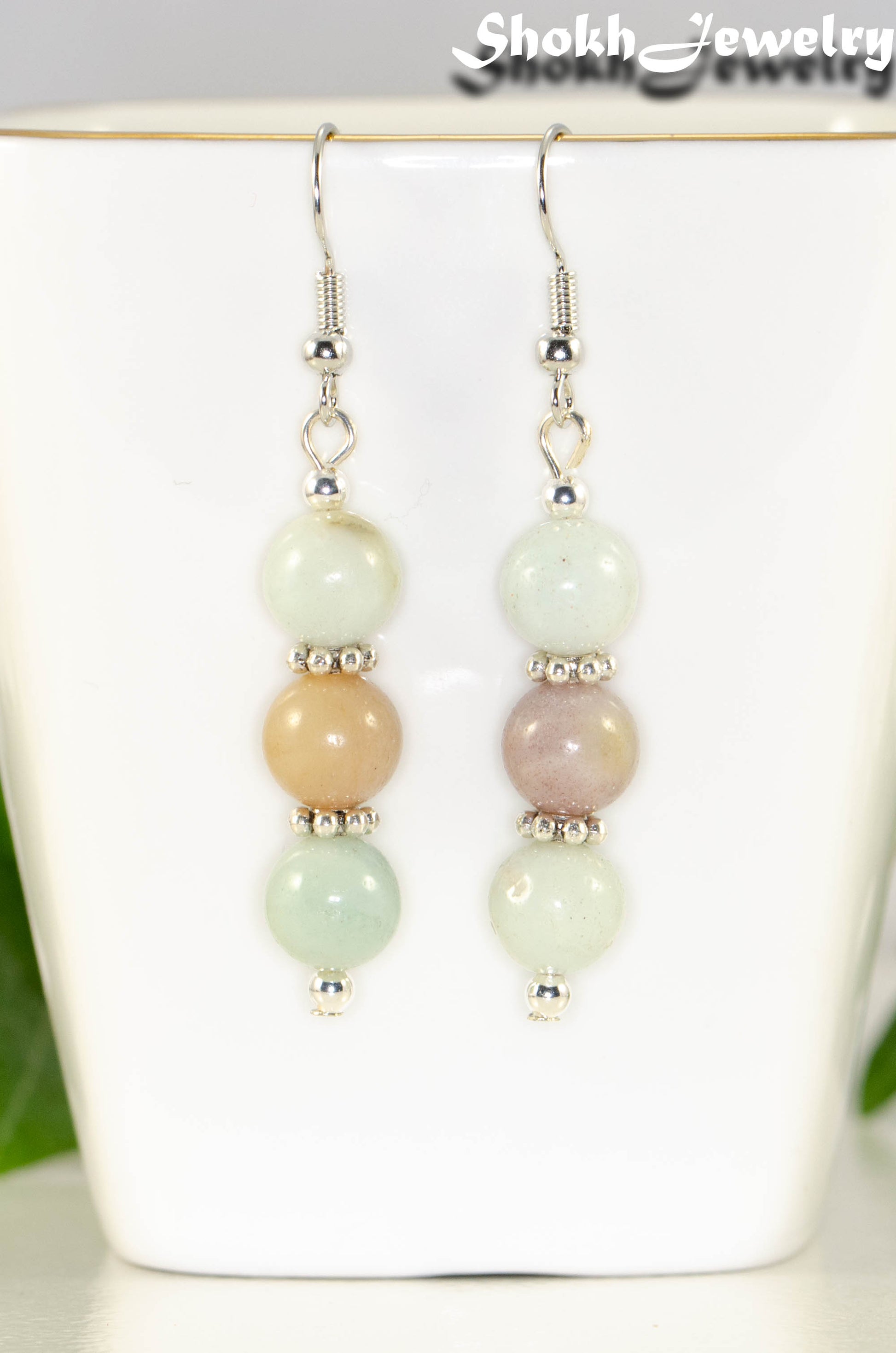 Front view of Natural Amazonite Beaded Bar Earrings.
