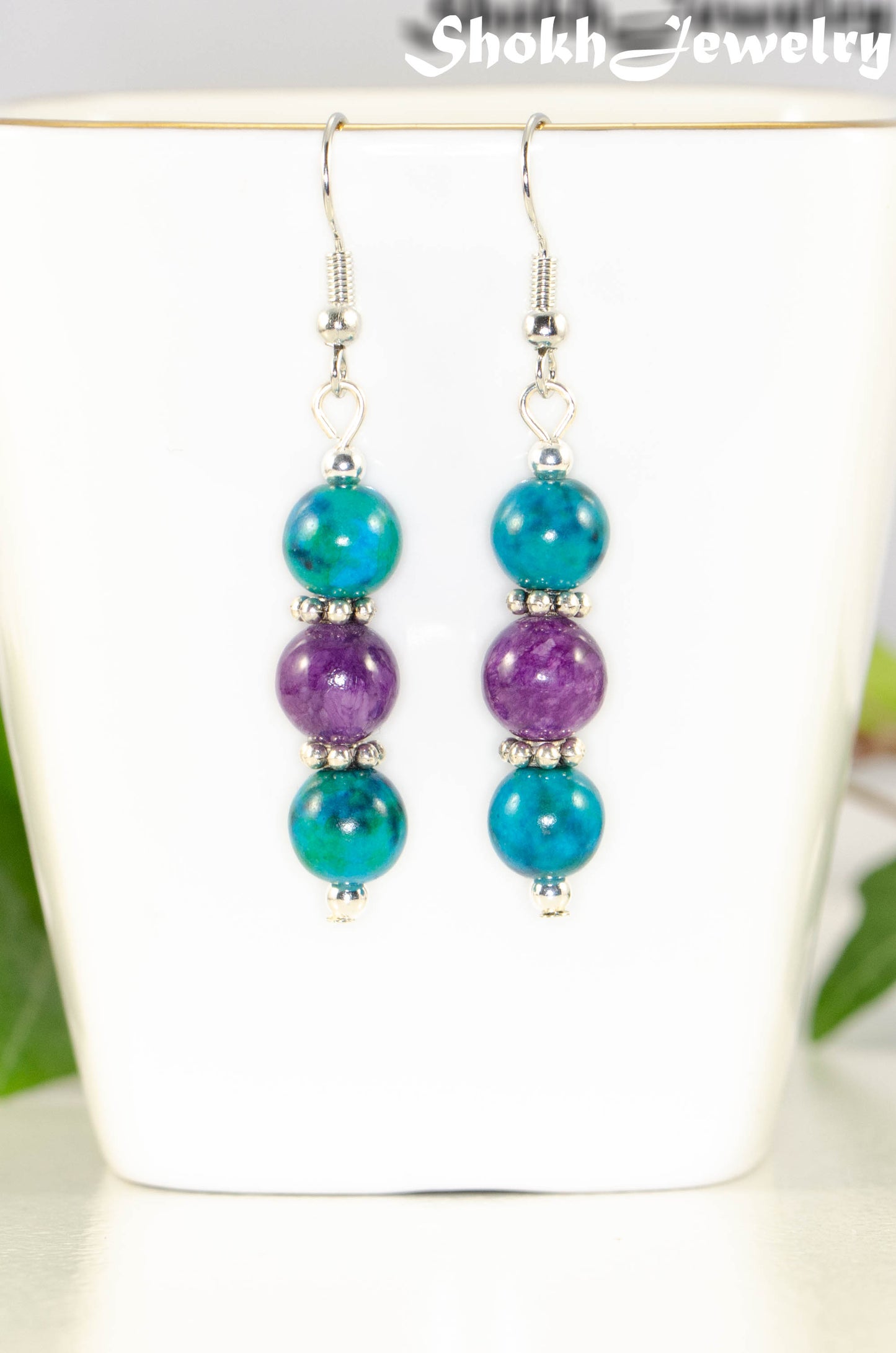 Front view of Purple Quartzite and Blue Jade Beaded Bar Earrings.