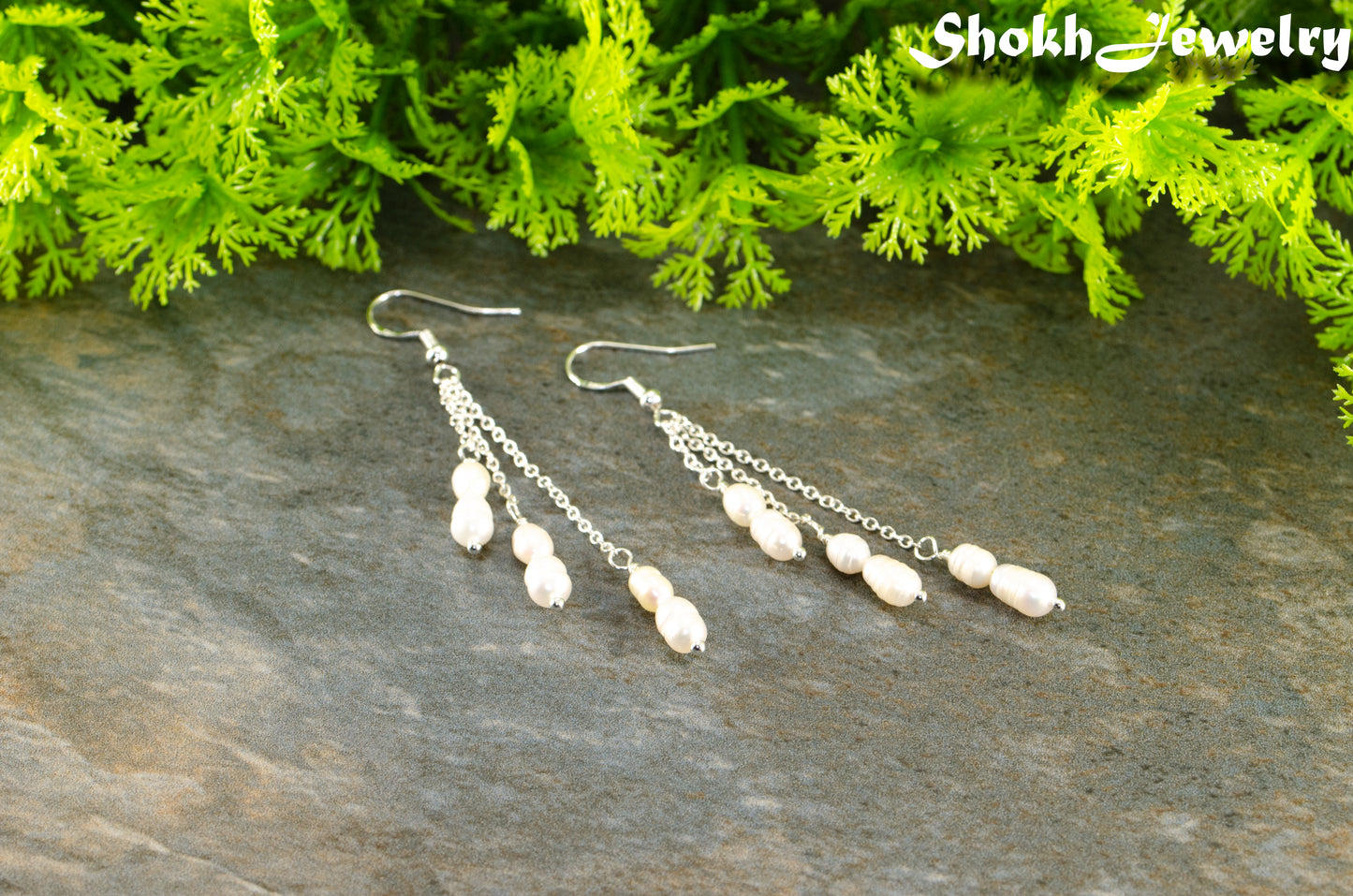 Long Silver Plated Chain and Freshwater Pearl Earrings for women.