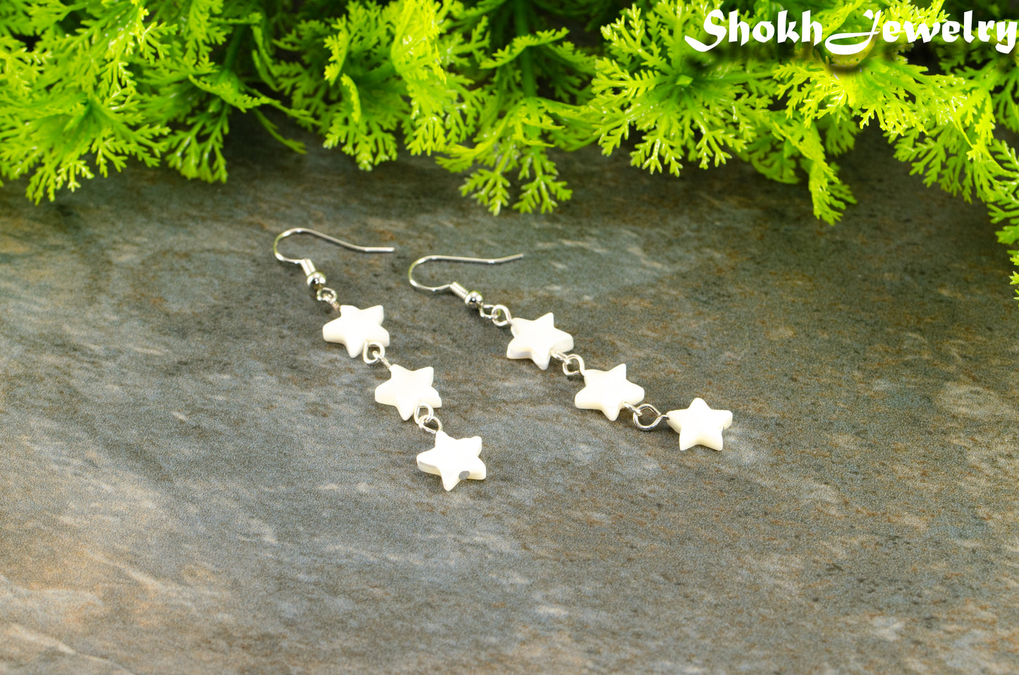 Long Natural White Seashell Star Earrings.
