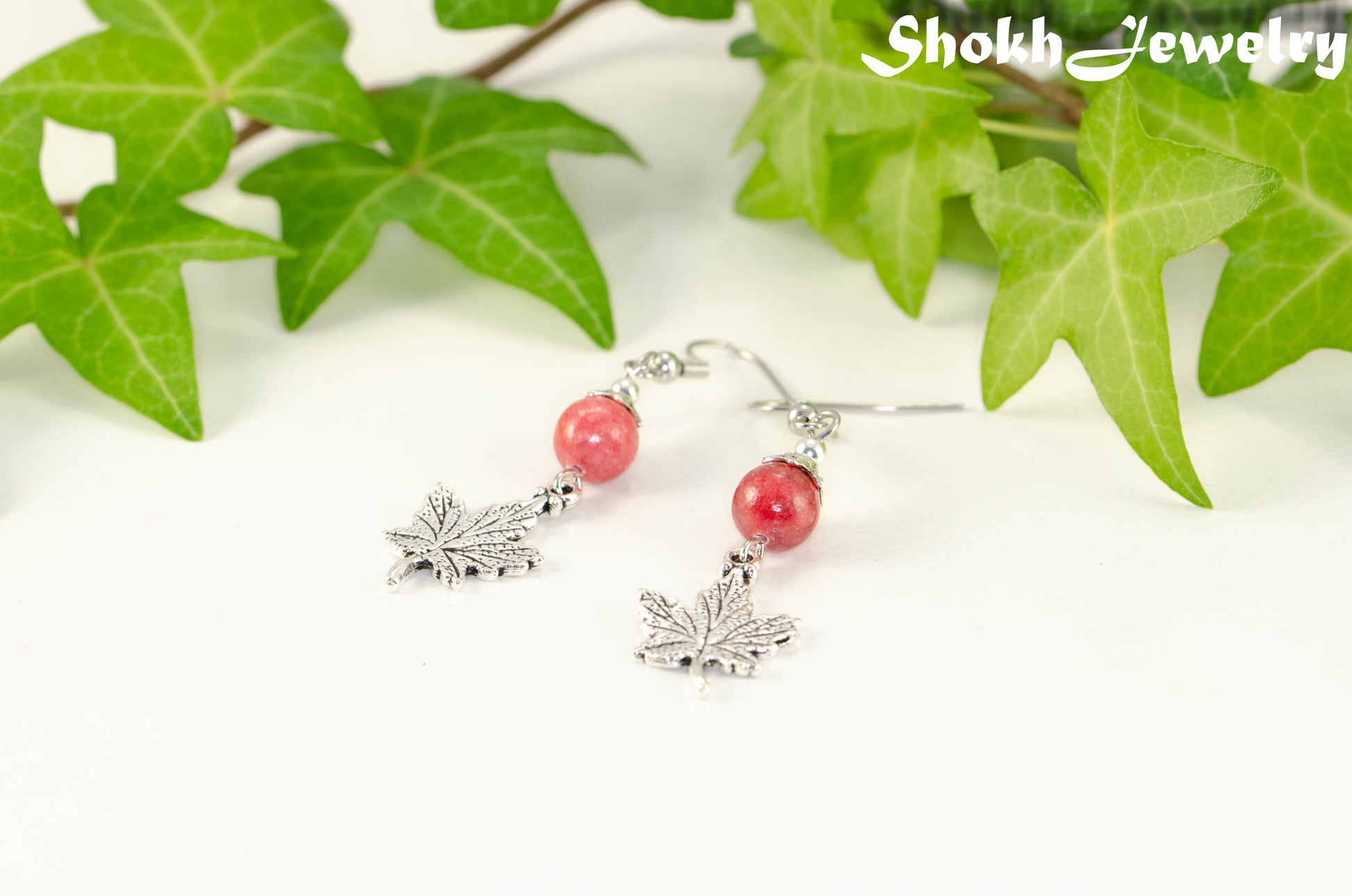 Red Quartzite and Tibetan Silver Maple Leaf Dangle Earrings