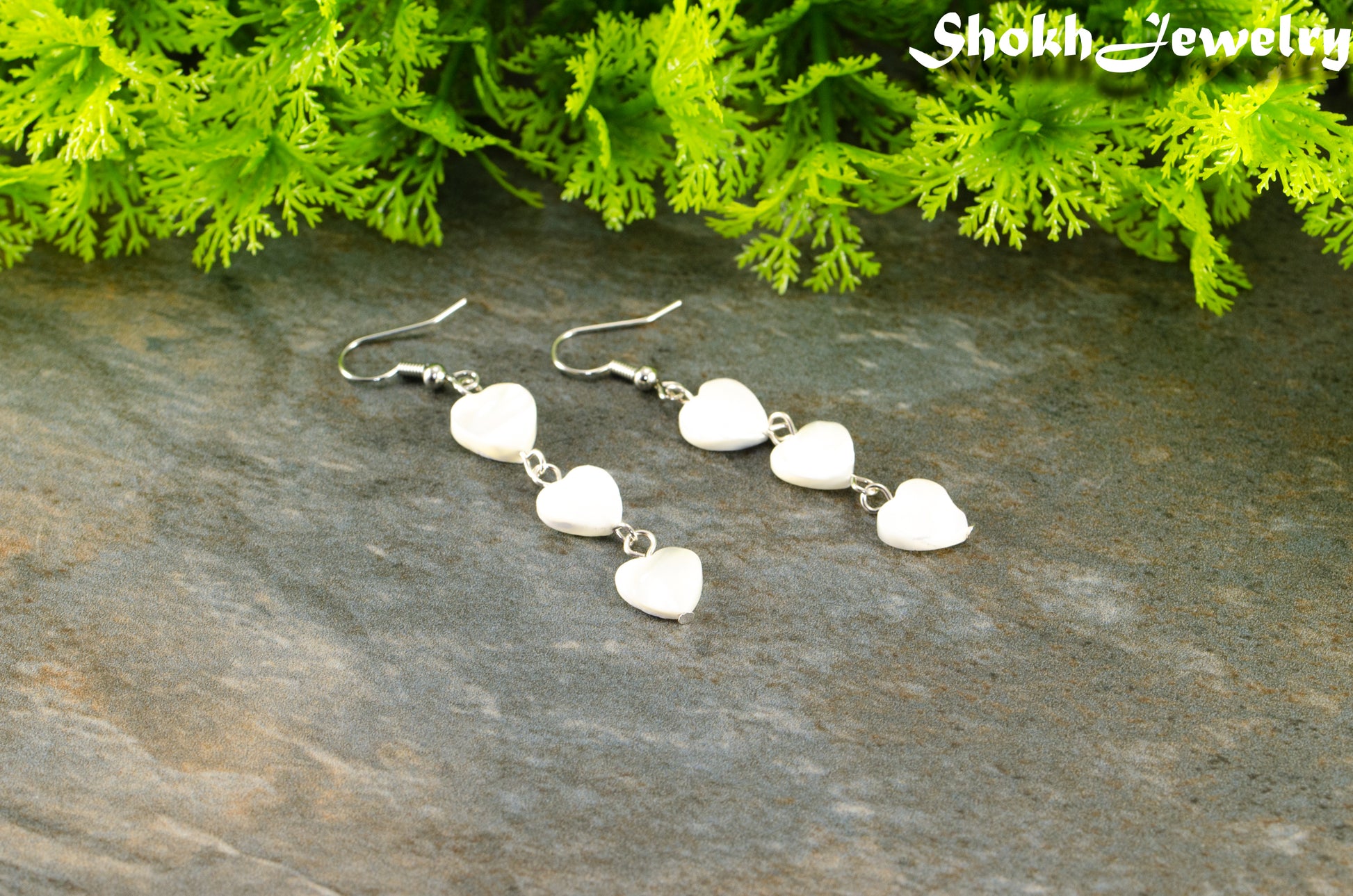 Long White Seashell Hearts Earrings.