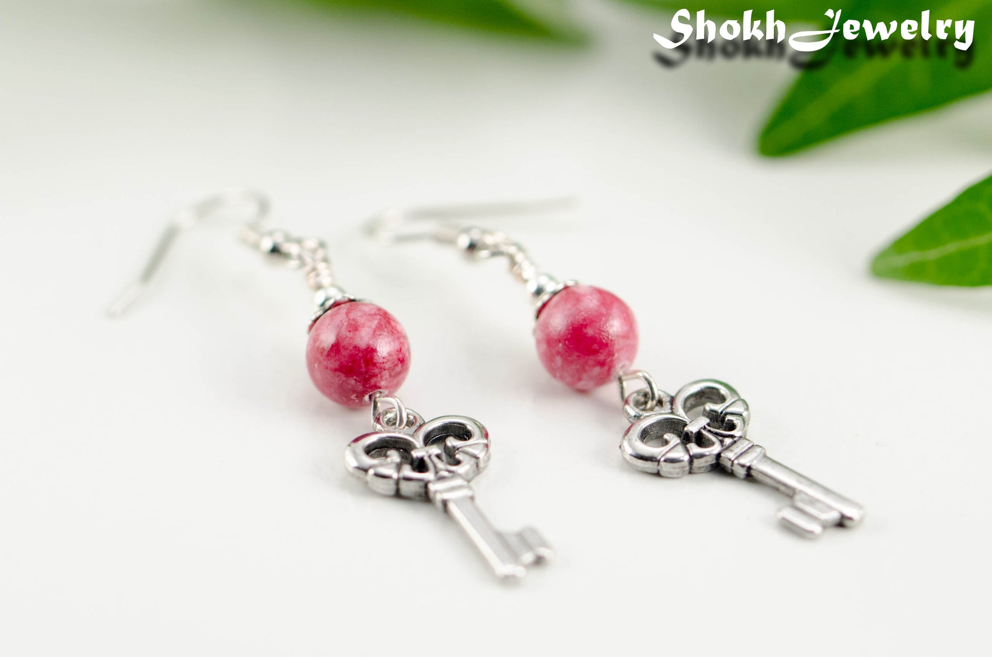 Red Quartzite and Key Charm Dangle Earrings.