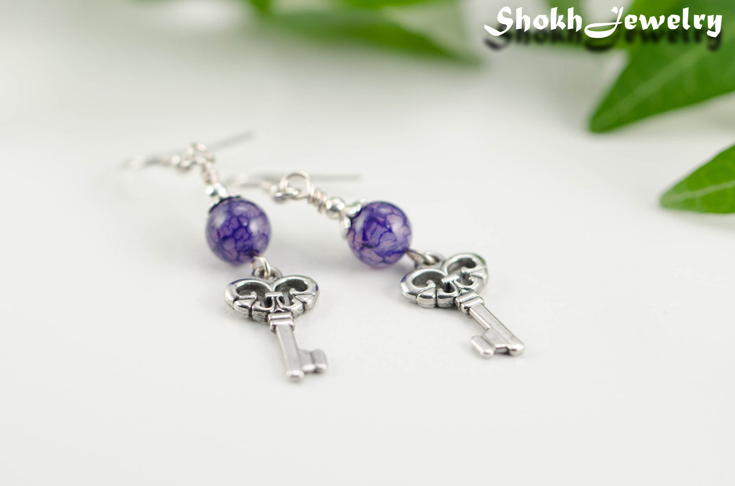 Purple Agate and Key Charm Dangle Earrings.