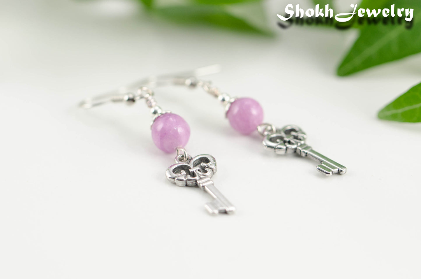 Light Purple Quartzite and Key Charm Dangle Earrings.