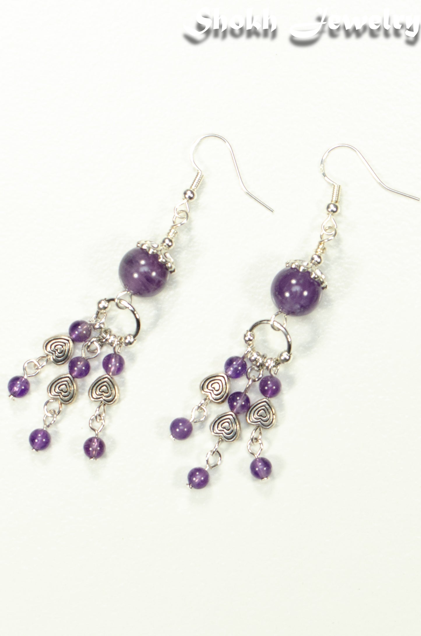 Natural Amethyst and Heart Chandelier Earrings