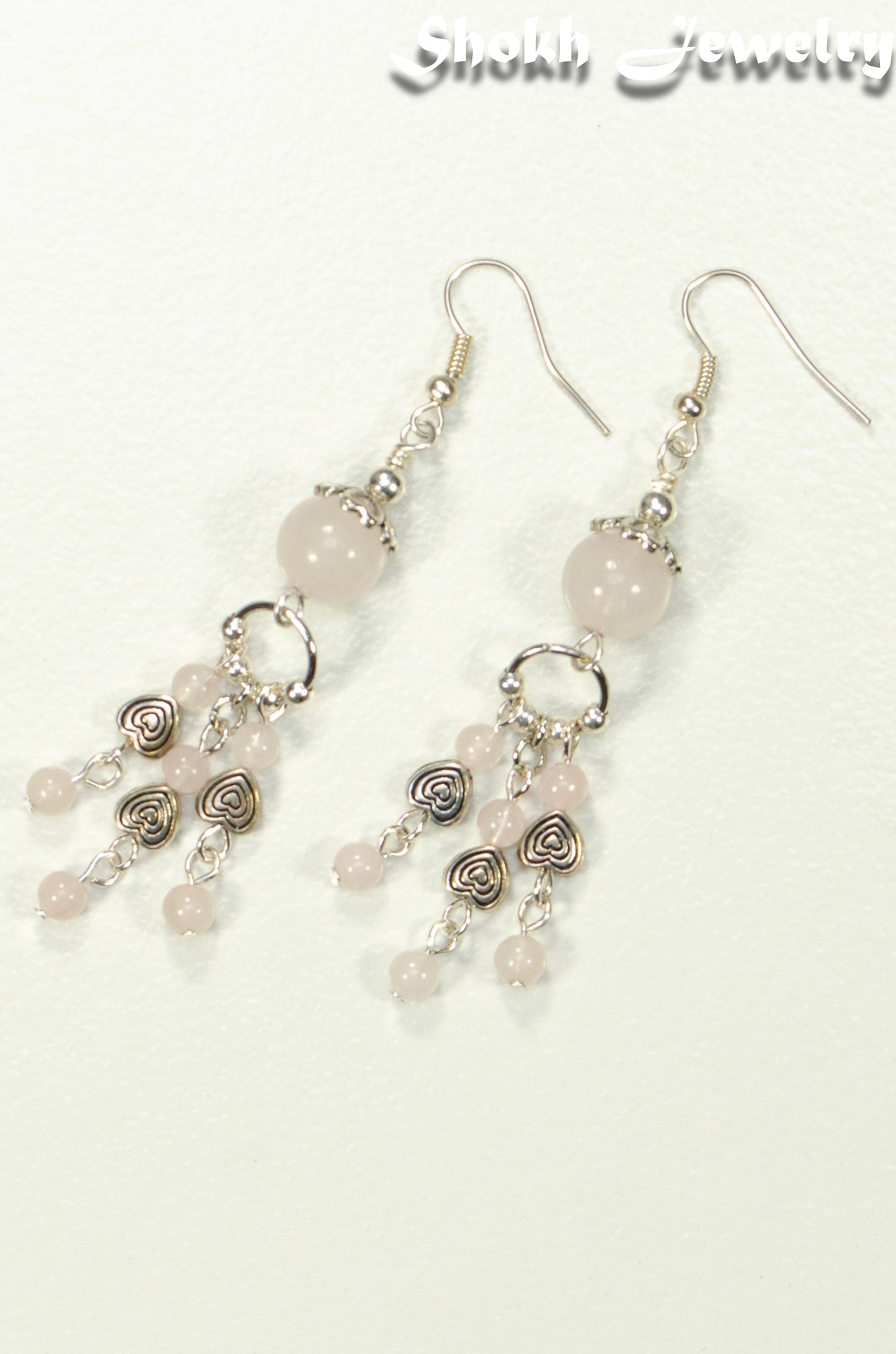 Natural Rose Quartz and Heart Chandelier Earrings