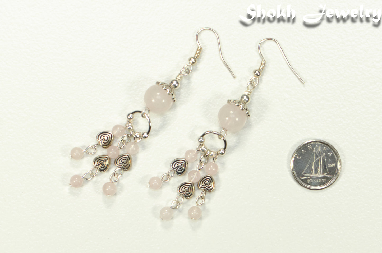 Natural Rose Quartz and Heart Chandelier Earrings