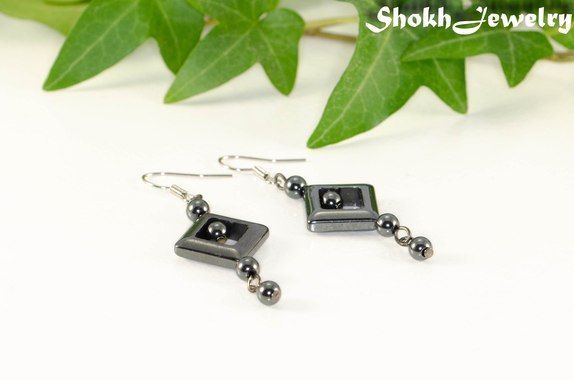 Long Black Hematite Geometric Earrings.