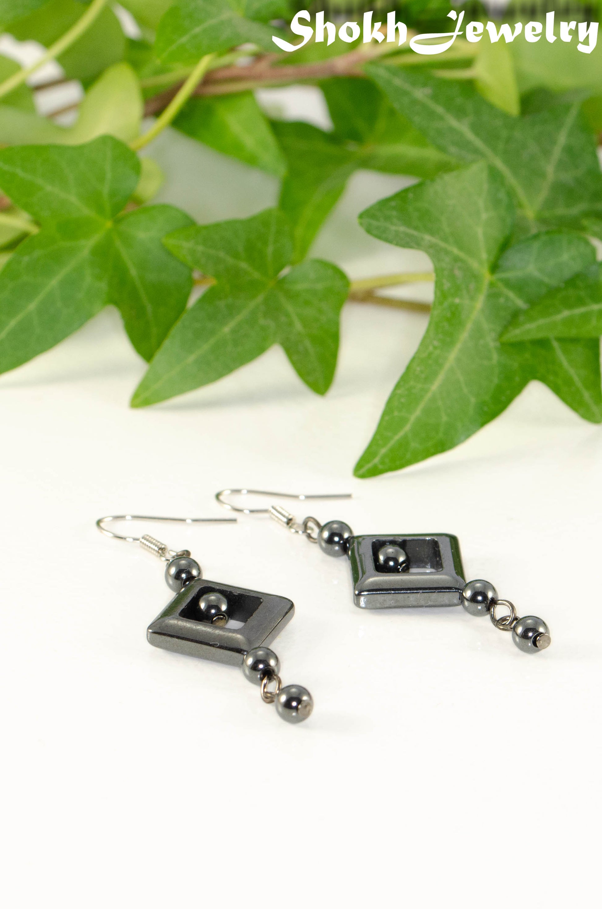 Long Black Hematite Geometric Earrings.