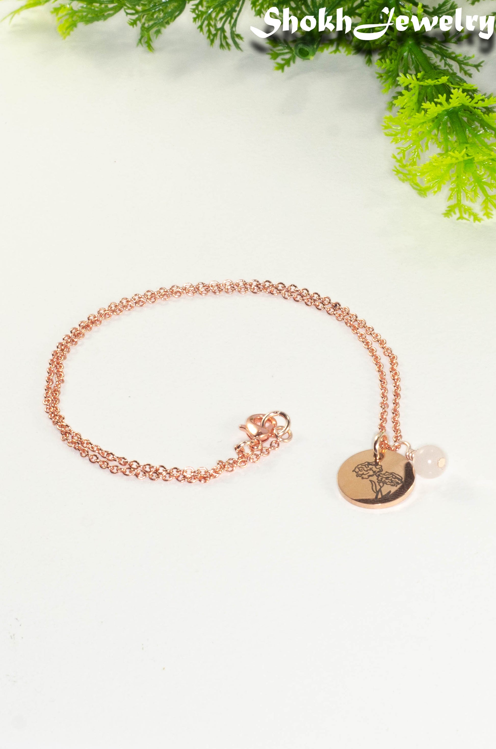 Rose Gold Plated October Birth Flower Necklace with Rose Quartz Birthstone Pendant.