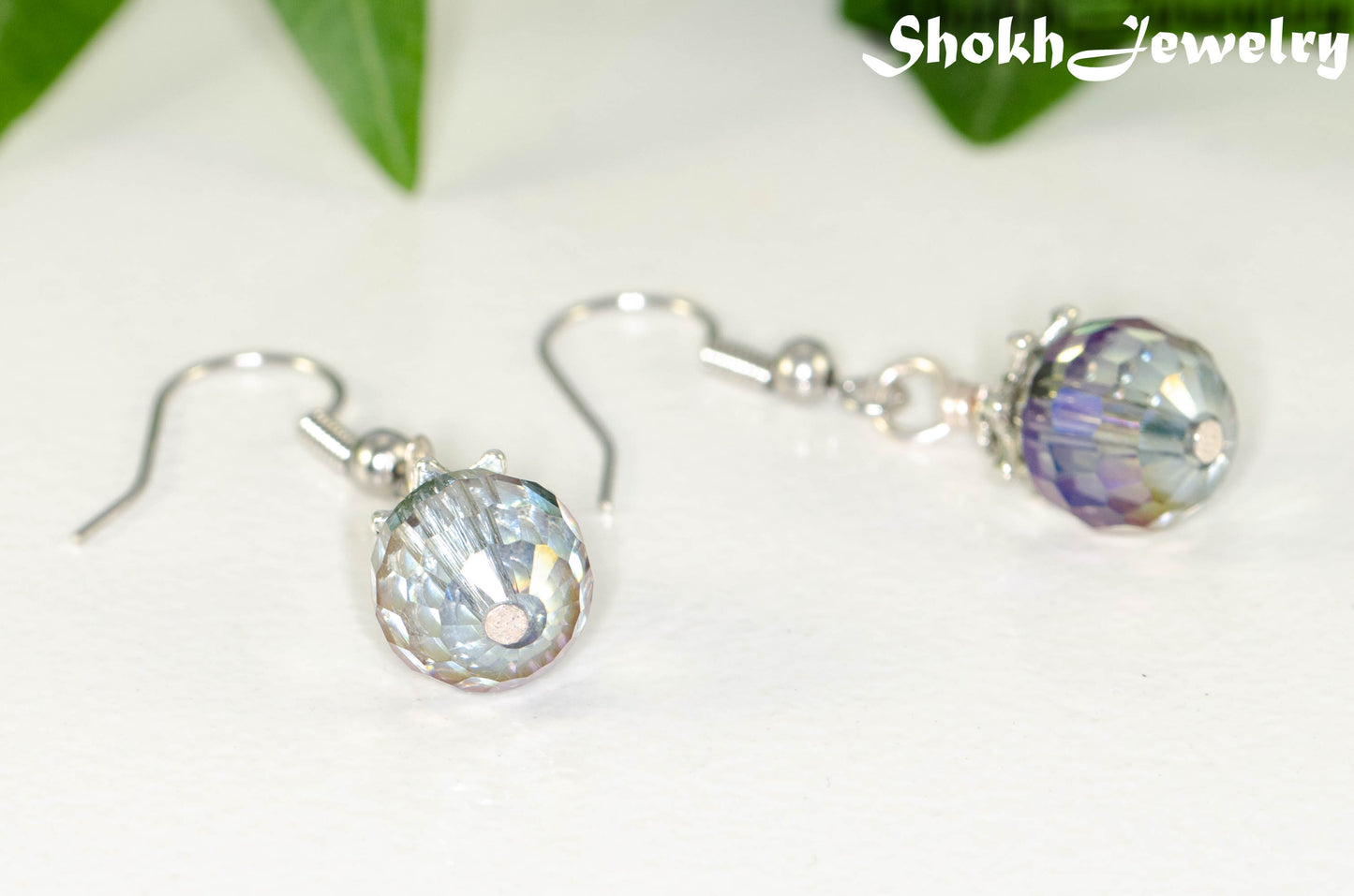 Close up of 10mm Glass Crystal Disco Ball Earrings.